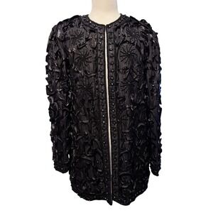 Tan-Chho‎ Exclusive Silk Beaded Ribbon Jacket Women Small Black Vintage Evening